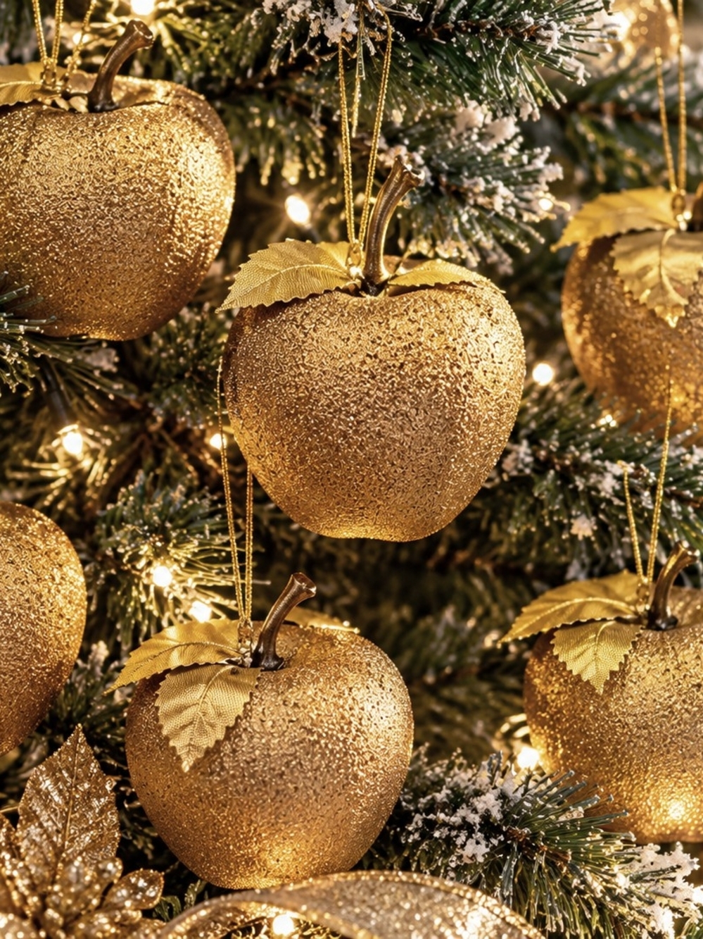 Set of 6 Gold Apple Christmas Ornaments Champagne Gold Holiday Decor Vintage